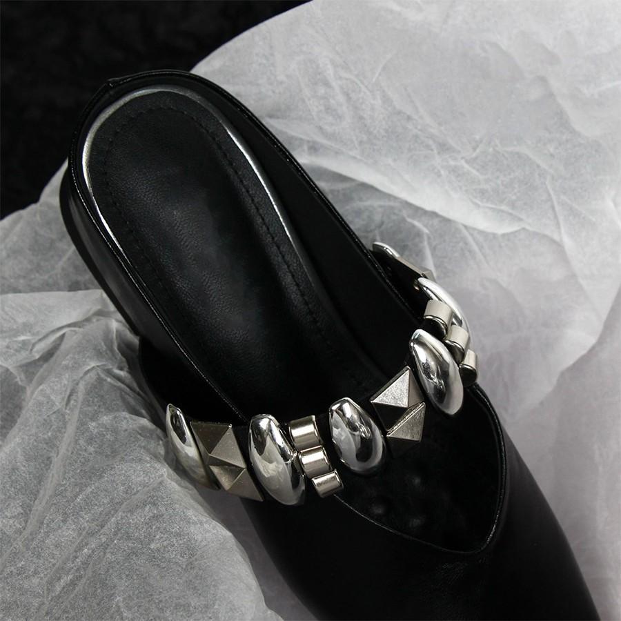 2025 Summer Square Head Rivets One Word with Bag Head Half Slippers Women's Inner Height French Temperament One Foot Cool Slippers