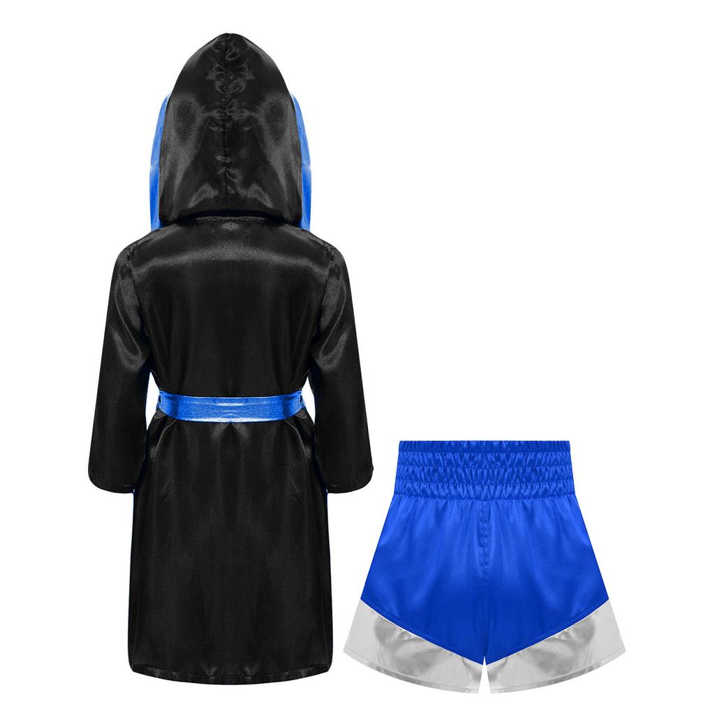 Kids Boys Girls Boxing Outfit Halloween Cosplay Costume Long Sleeve Open Front Metallic Trim Satin Belted Robe Hooded Cloak Sides Slit Shorts