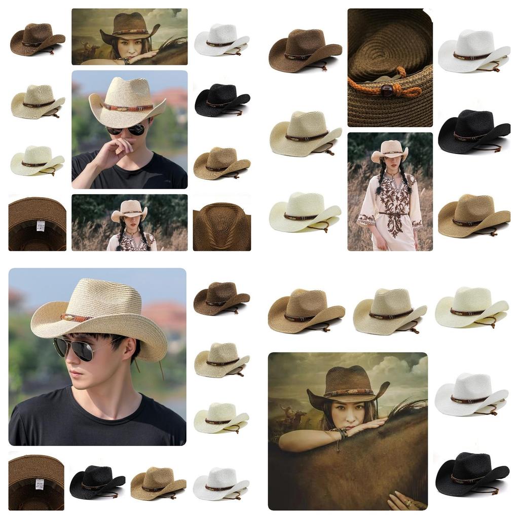Adjustable Western Cowboy Straw Hat For Women Perfect For Outdoor Beach Activities With Sun Protection And Stylish Brim
