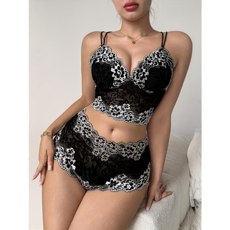 [Floral Lace Bralette Bra Set] Two-Tone Floral Lace Bralette Bra Set, V Neck Skinny Halter Hollow Top & Briefs, Women's Daily Comfort Underwear