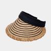 Handmade Raffia Sun Visor Women Foldable Wide Brim Beach Hat Frayed Edge Striped Straw Hat UV Protection Ponytail Friendly Cap