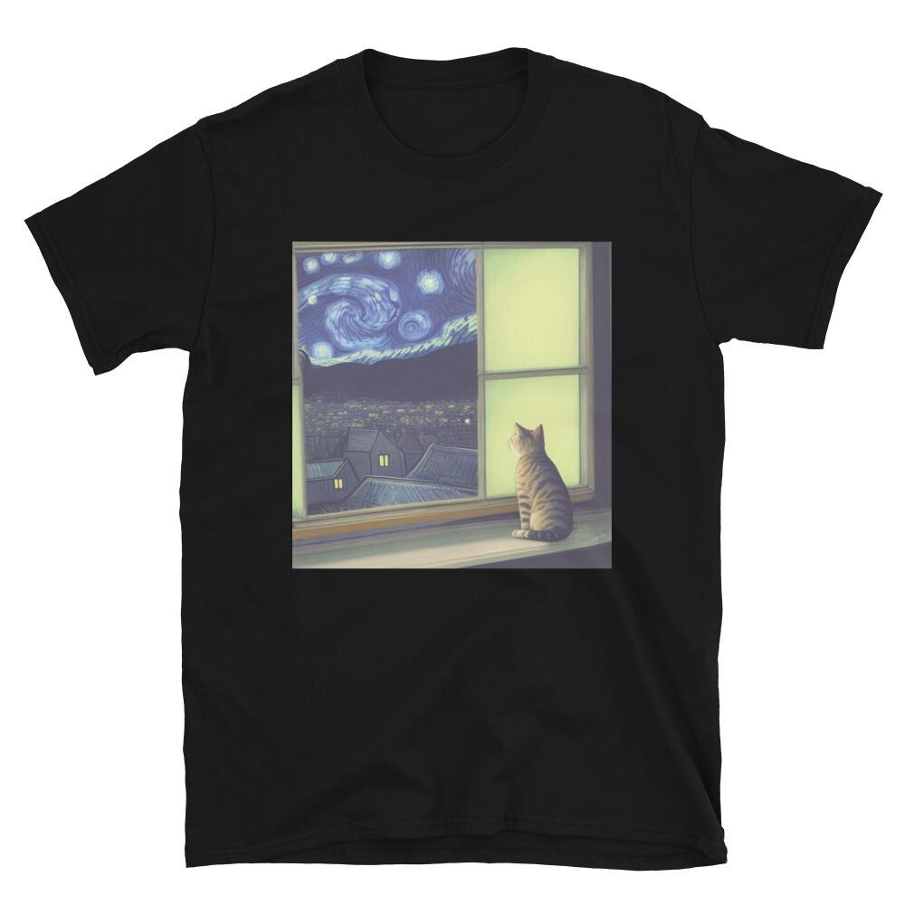 Van Gogh Inspired Cat Staring at Starry Night T-Shirt Unisex T-Shirt XXXXL