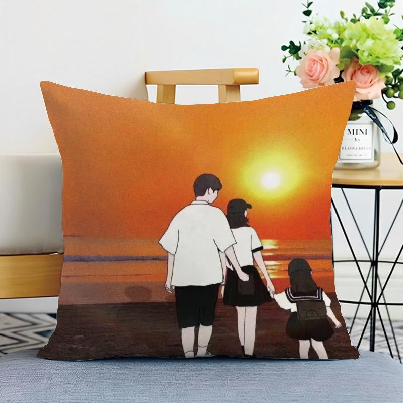 Happy Family Print Decorative Pillowcase Bedroom Living Room Square Cushion Pillowcase