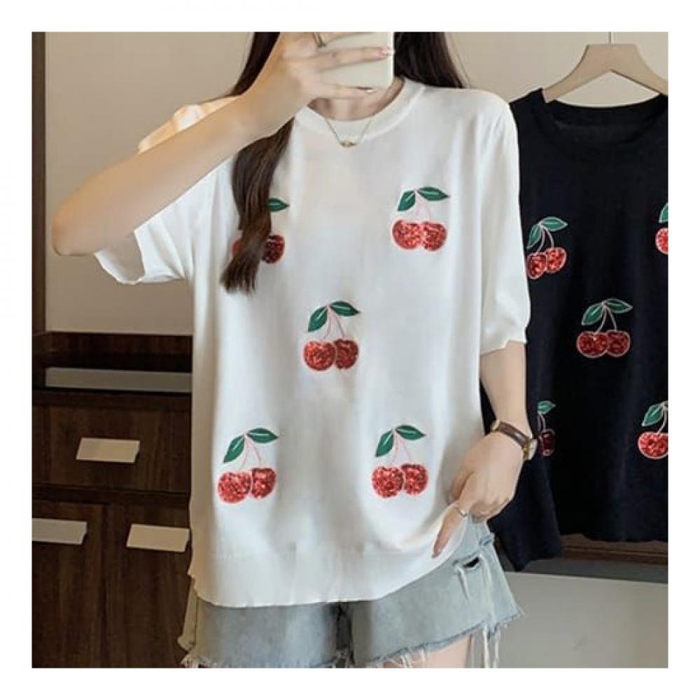 Navava Ice Cool Short Sleeve Knit With Cherry Embroidery Nk2110
