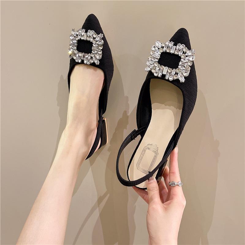 Design Sense Niche Low-heeled Shoes French Retro Single Shoes Late Evening Temperament Celebrity Rhinestone Square Buckle Back with Sandals