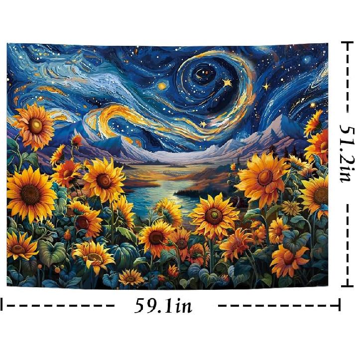 Yuiqear Sunflower Starry Sky Tapestry Galaxy Space Tapestries Mysterious Mountain River Wall Decor Fantasy Landscape Tapestry for Bedroom