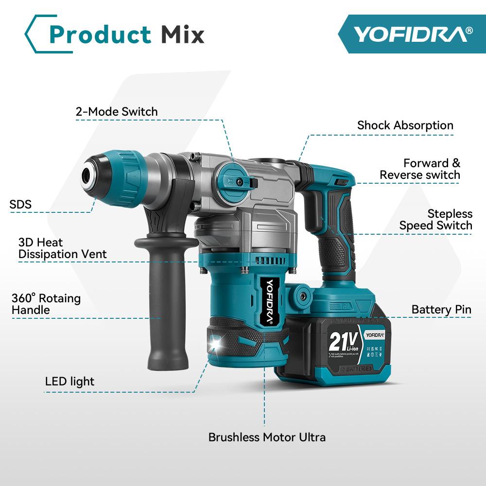 YOFIDRA Brushless 26MM Electric Hammer Impact Drill 8000IPM Multi-Screwdriver Rotary Drilling Tool For Makita 21V Battery Pin