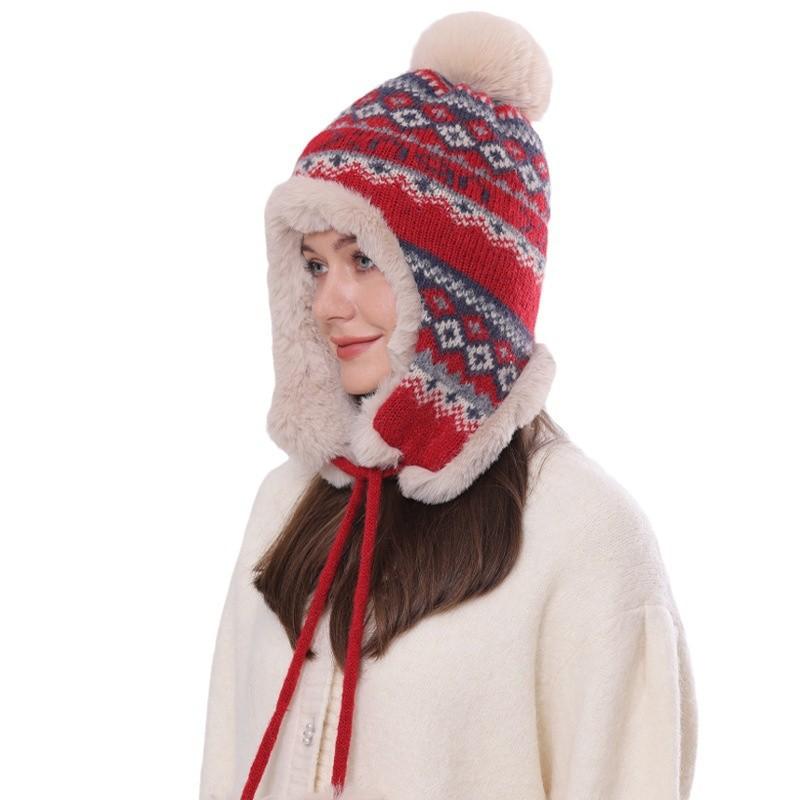 Wool Hat Women's New Winter Jacquard Knitted Hat Warm and Cold Ear Protection Hairball
