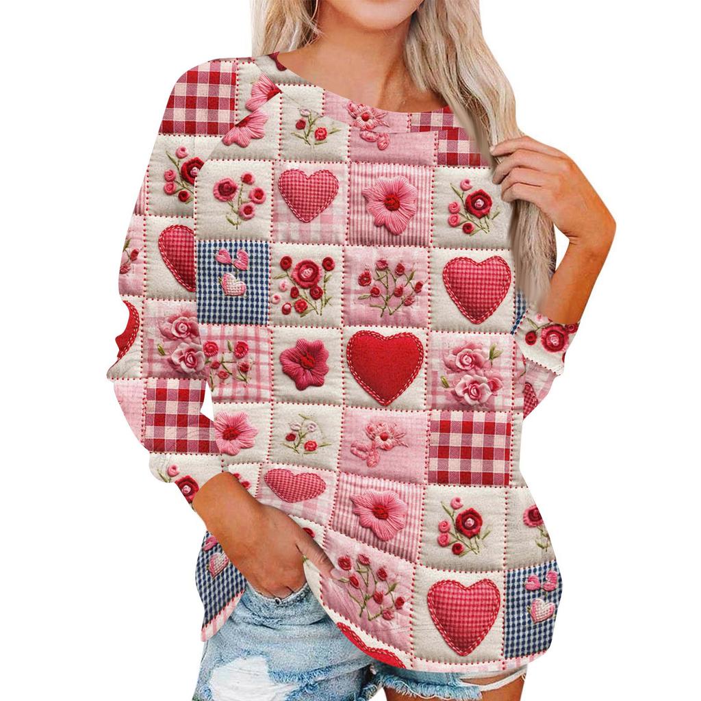 Women's Fashionable Round Neck Shoulder Long Sleeved Valentine's Day Printed Casual Pullover Top