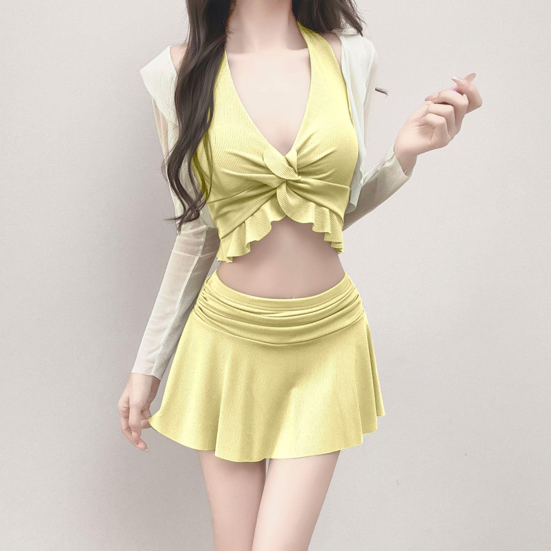 Французский Пикантный Женский Комплект Бикини с Длинным Рукавом и Накидка в Отпускном Стиле One size fits 80-120 jin жёлтый