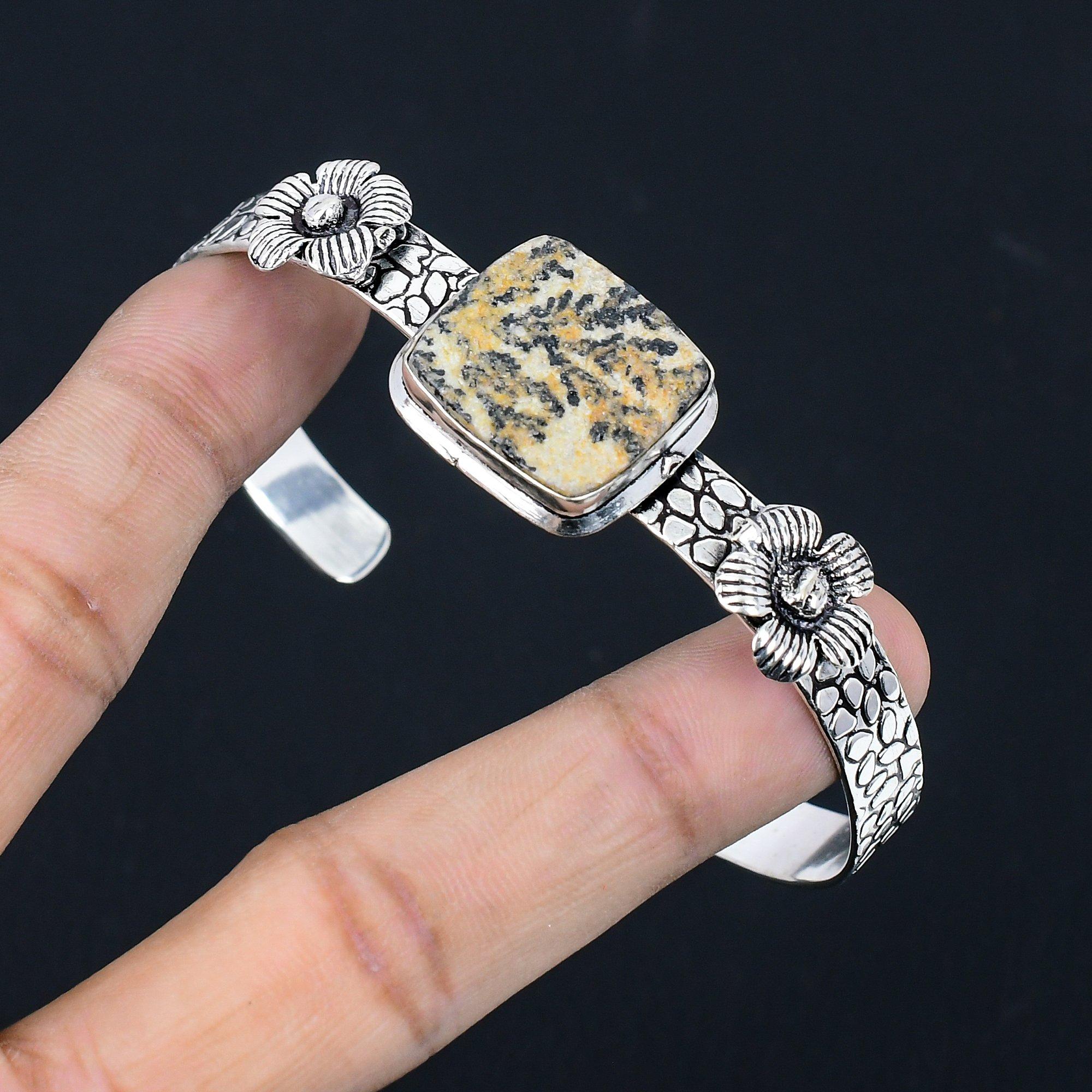 

Natural Psilomelane Dendrite Bangle Flower Adjustable 925 Silver For Women Adjustable