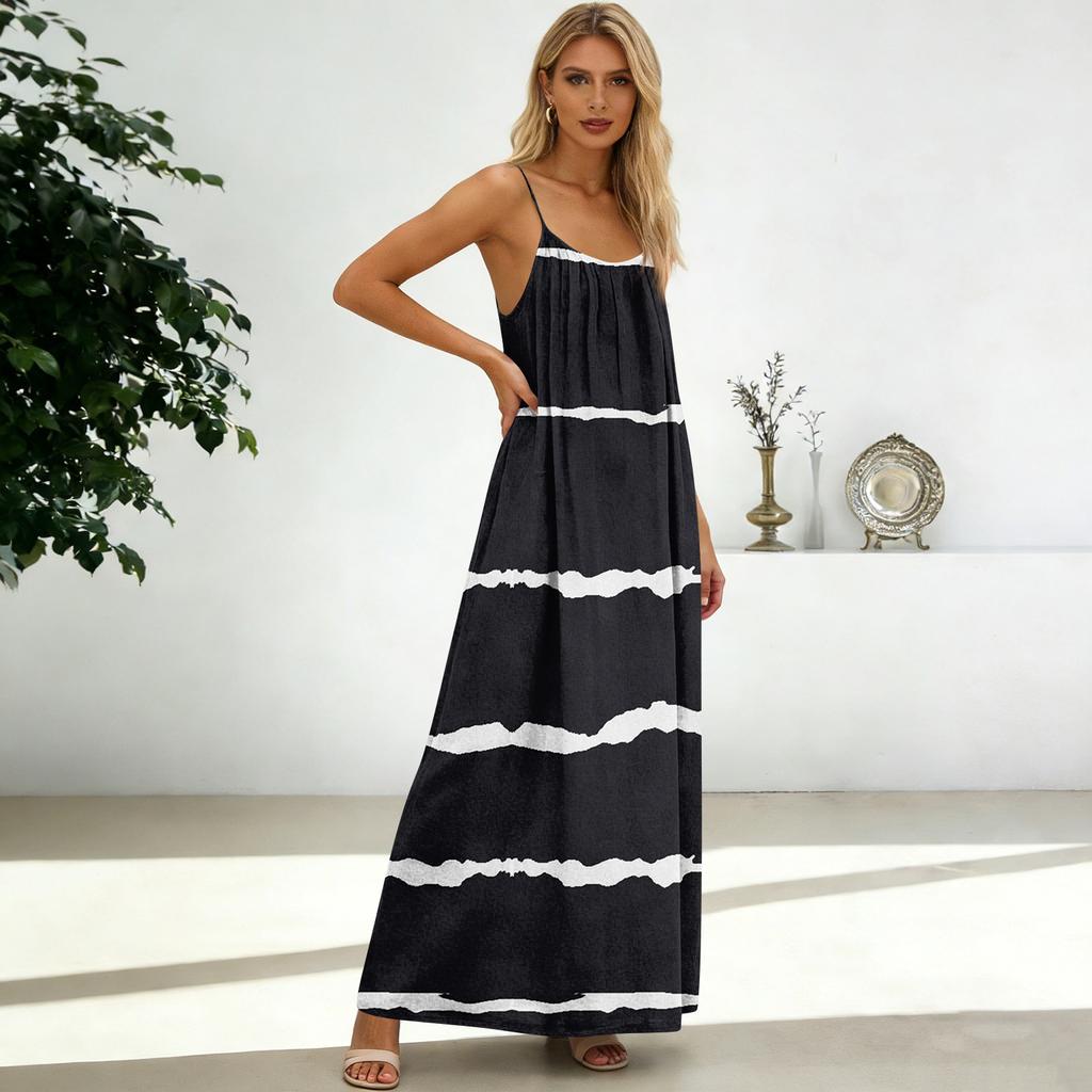 Women's Fashion Backless Spaghetti Strap Casual Loose-Fit Striped Print Dress