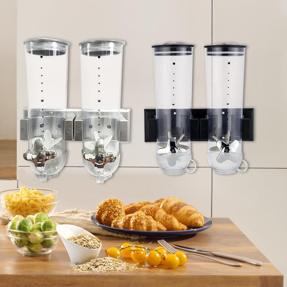 Food Dispenser Wall Mounted Grain Dispenser, Cereal Dispenser with Cup, Dry Food Dispenser Wall Mounted Double Cereal Dispenser