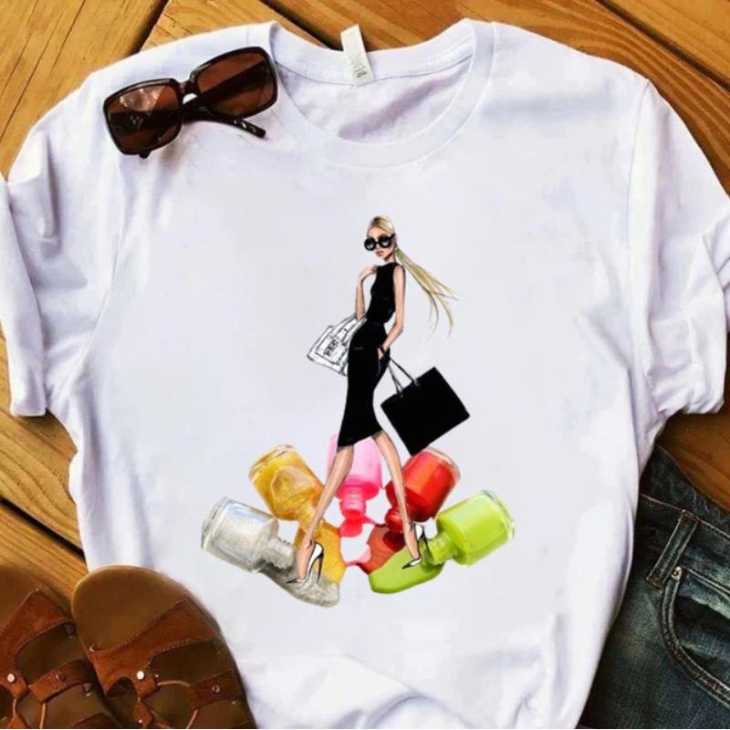 European and American Nail Polish Simple Women's Casual Cute Large Size Short-sleeved T-shirt Women Clothes Tops