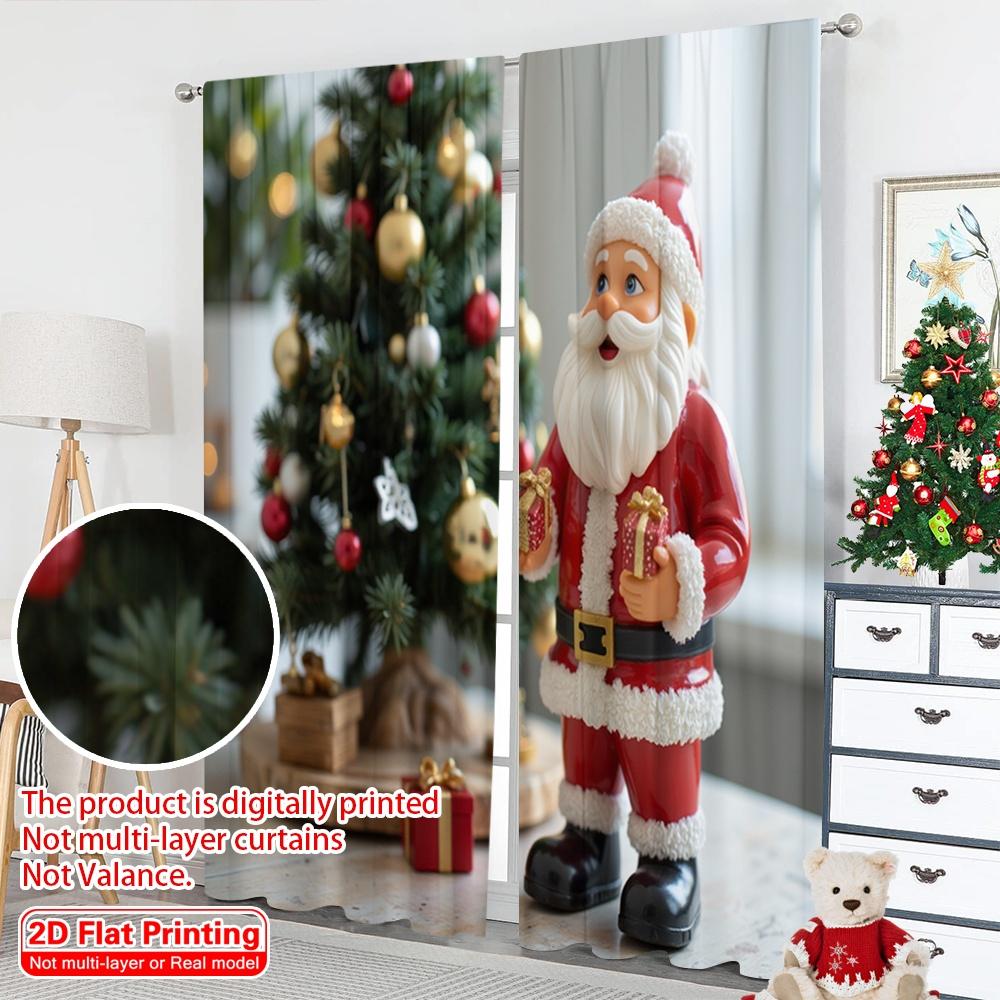2pcs 2D Flat Printing Christmas Curtain Cute Santa Claus Gifts Christmas Polyester Fabric Without Electricity Party & Holiday
