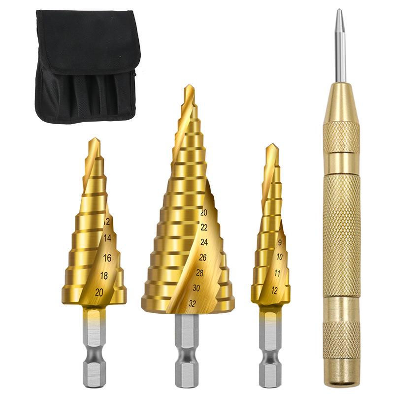 

4-Piece Hex Spiral Step Drill Bit & Punch Set with Cloth Bag for Spot and Hole Drilling