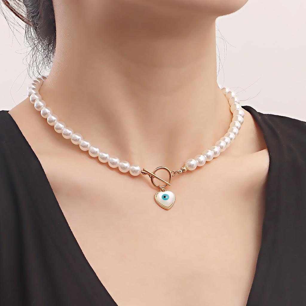 European and American ins Versatile Devil's Eye Love Imitation Pearl Necklace Simple Blue Eye Necklace Women