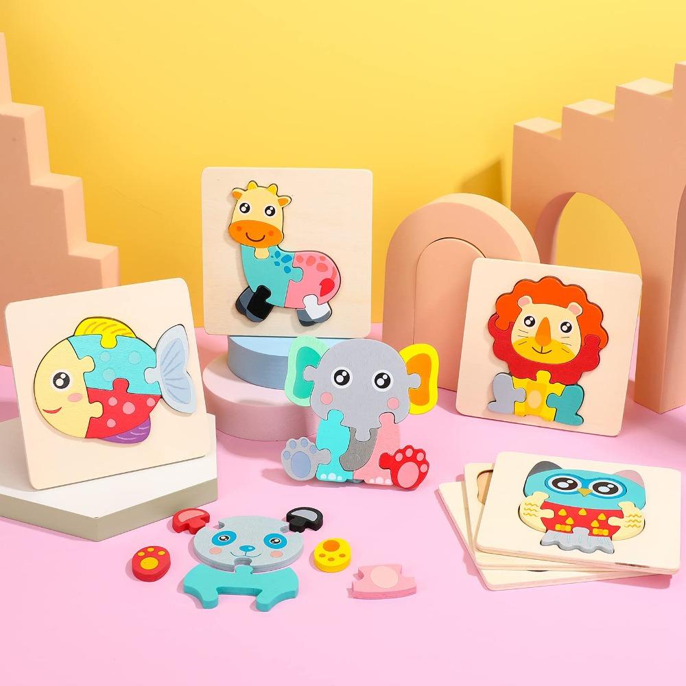 Cartoon 3D Children Wooden Puzzle Embedded Animal Jigsaw Puzzles 2 in 1 Animal Cognition Early Learning Puzzle Playset
