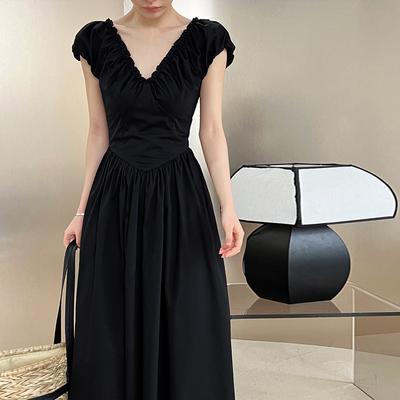 Vestiti Estivi Francesi Vita Scoperta Schiena Scoperta Scollo a V Donna Semplice Casual Senza Maniche Plissettato Abito Lungo