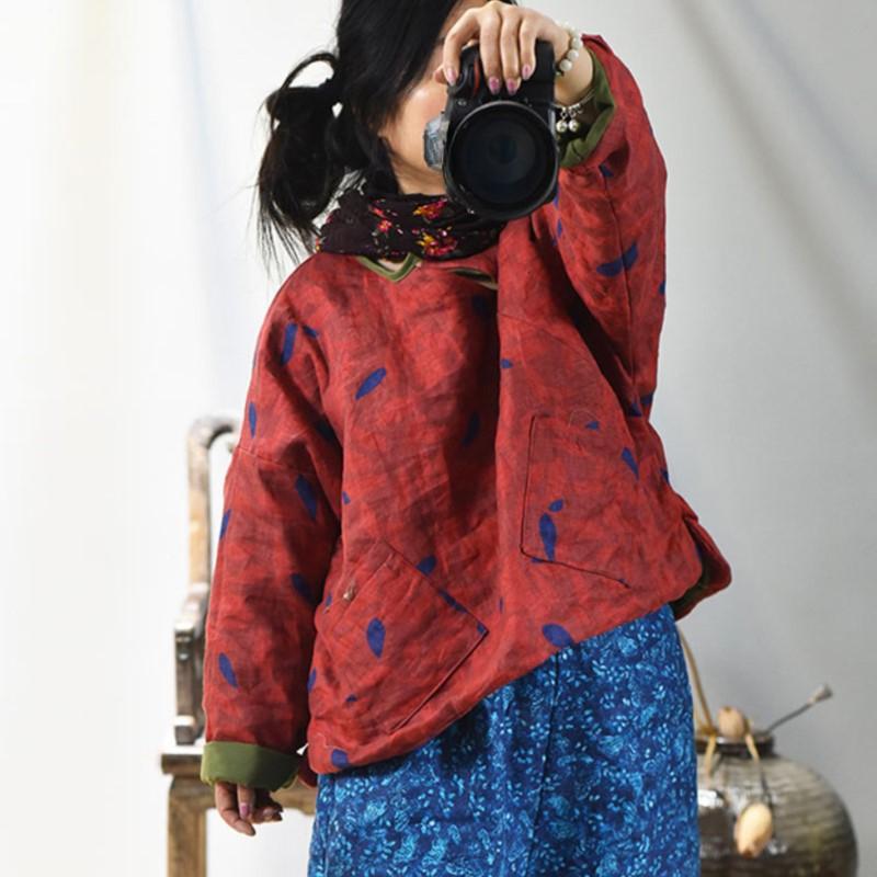 Johnature Dámské lněné zimní parky v čínském stylu s květinovým potiskem, s kulatým výstřihem a dlouhým rukávem, vintage teplé dámské parky