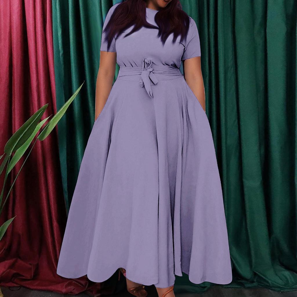 Women's Casual Fashion Large Size Solid Color Round Neck Short Sleeve Pocket Straps Swing Dress