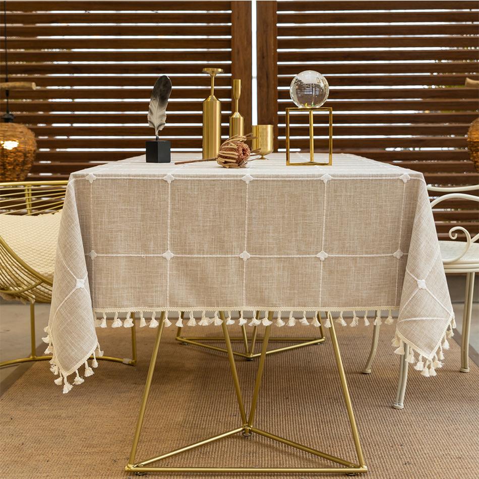 Plaid Table Cloth Rectangle Table, Cotton Linen Tablecloths Farmhouse Tablecloth, Soft and Wrinkle Free Table Cover with Tassels