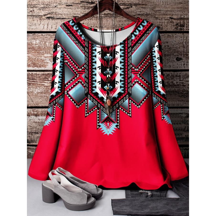 Women Fashon Polyester Comfortable T Shirts Sports Grid 3D Print Loose Round Neck Long Sleeve T-shirt Top