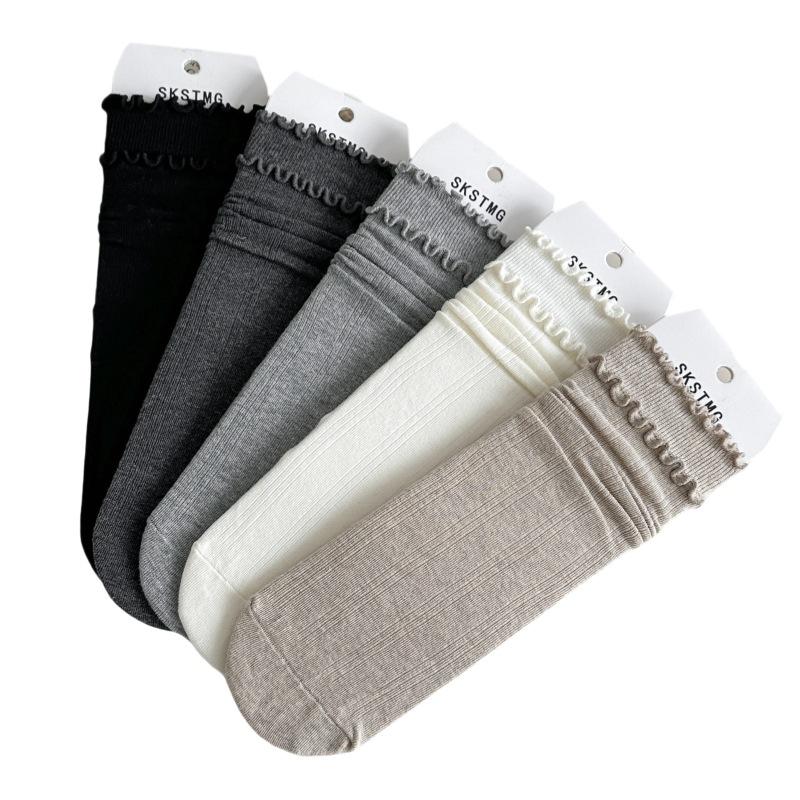 Female Spring and Autumn Solid Color Double Wood Ear Edge In The Tube Pile Pile Cotton Socks