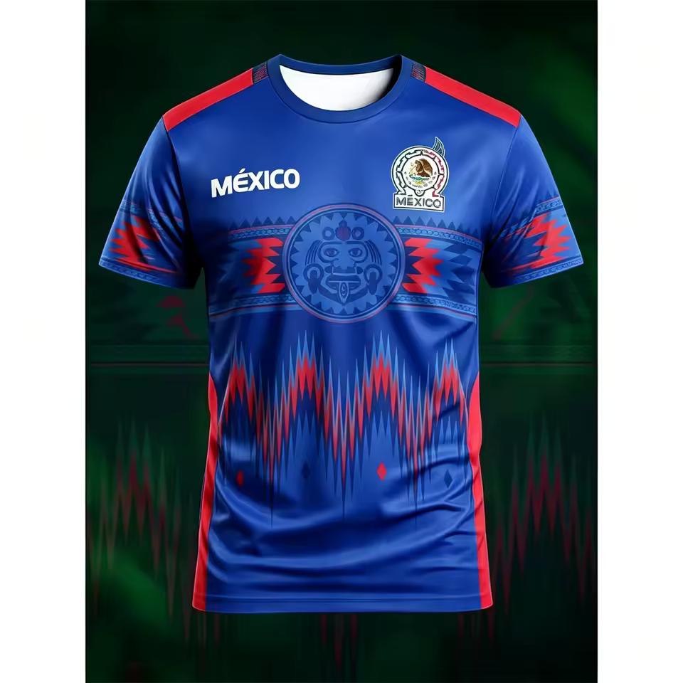 Men Mexico National Soccer Jersey Aztec Tribal Pattern 3D Print Short Sleeve Football Shirt Breathable Sport Fan Training Tops