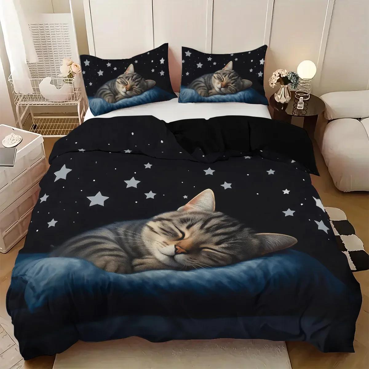 

3Pcs Sleeping Cat Pattern Printed Bedding Set, 1*Quilt Cover+2*Pillowcase, Suitable For King Bed, Single Bed For All Seasons EU Twin(135x200cm)