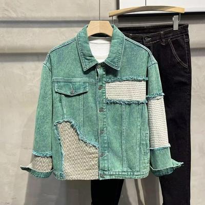 Jaqueta Jeans Lavada Verde da Moda: Patch Americano Retro Costurado, Estilo Outono/Inverno Solto Emagrecedor