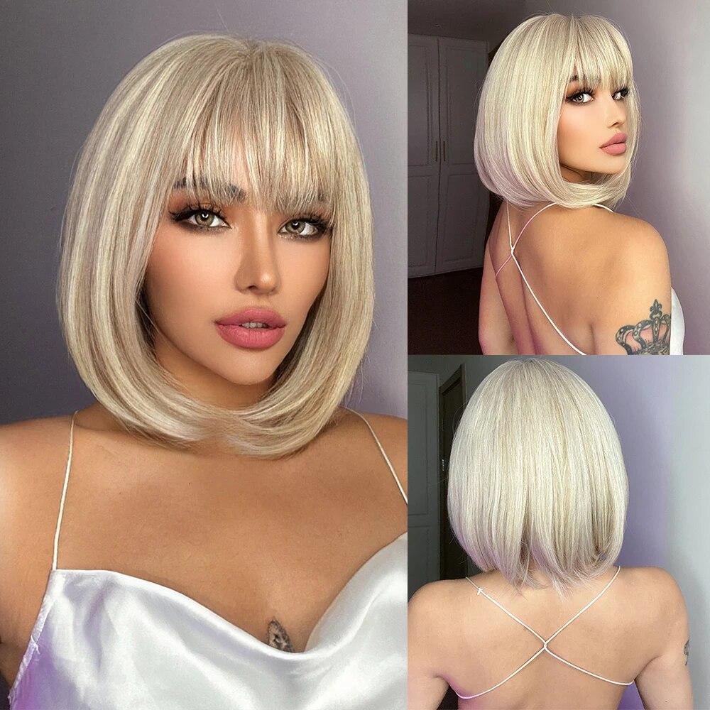 Short Straight Bob Synthetic Wigs with Bangs for Women Brown To Blonde Wig Cosplay Party Daily Heat Resistant Fiber Hair