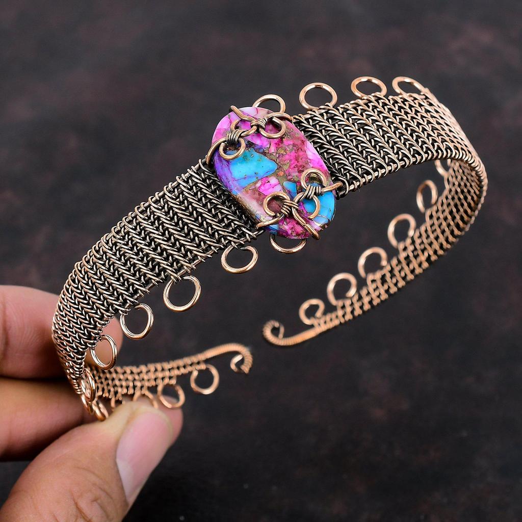 Kingman Pink Dahlia Turquoise Bangle Copper Wire Wrapped Gemstone Cuff Bracelet Adjustable Bangle Handmade Copper Wire Jewelry Wedding Gift
