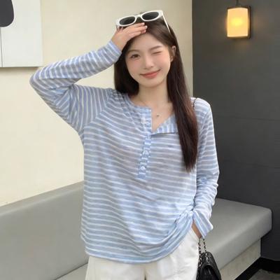 Lightweight Korean Style Sun Protection Shirt Stripe Long Sleeve T-Shirt Women's Summer Loose Casual Top Slightly See-through
