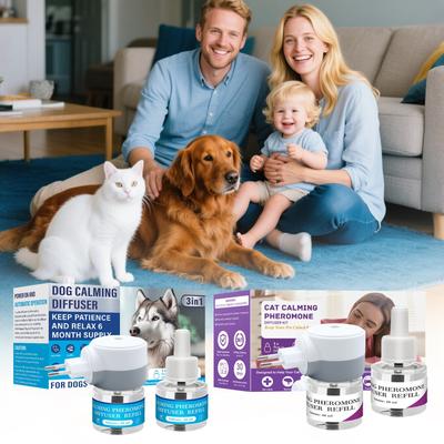 Diffuseur Apaisant pour Animaux, Phéromones pour Animaux 3 en 1, Phéromones Relaxantes pour Soulager le Stress et l'Anxiété des Animaux, Réduire l'Agression et les Aboiements, 1 Diffuseur 2 Recharges(48 ml*2)