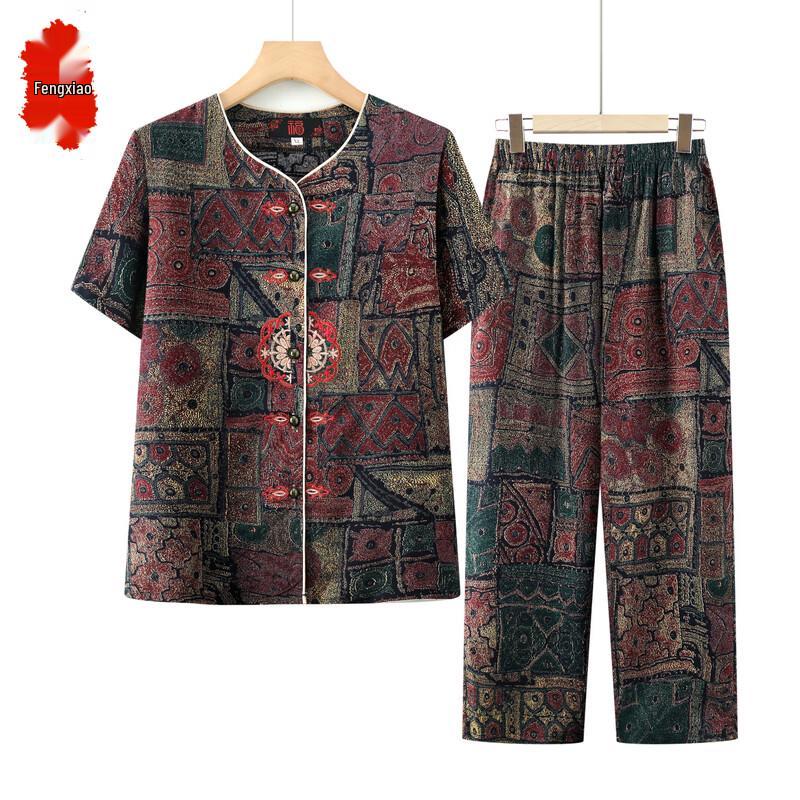 Fengxiao 2025 New Chinese Style Short-Sleeve Shirt Set for Elderly Women 2XL