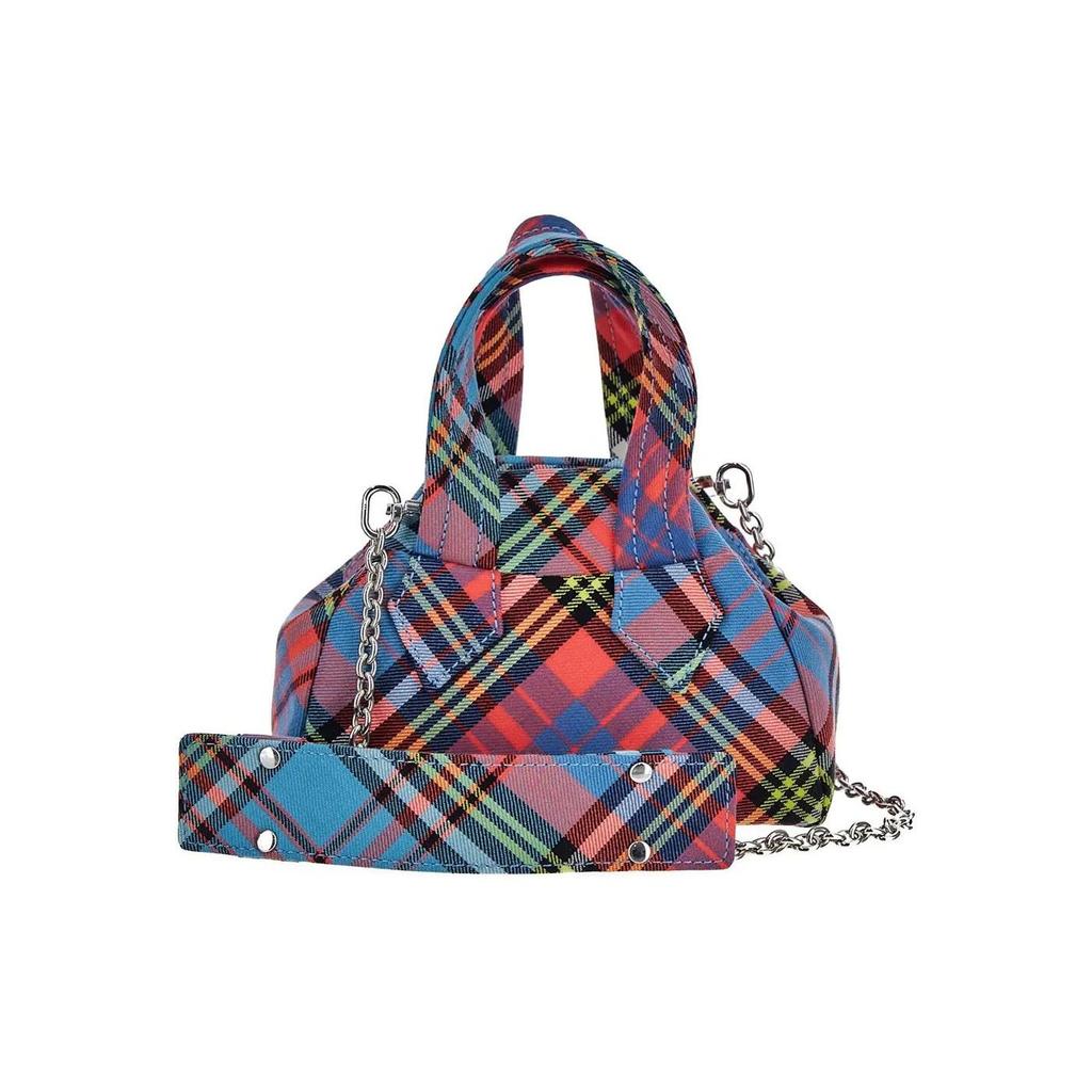 Vivienne Westwood Detachable Adjustable Chain Shoulder Strap Saturn Logo Bowling Bag Embroidered Plaid Wool Mini Handbag 4201008EW00H6G201