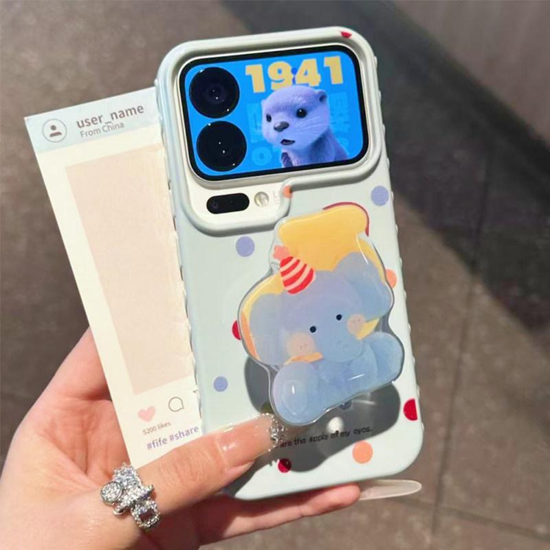 Anwendbar auf iPhone17ProMax neue Cartoon-Handyhülle, farbiger Punkt-Baby-Elefant-Halter, Apple 16 weiche Hülle 14.