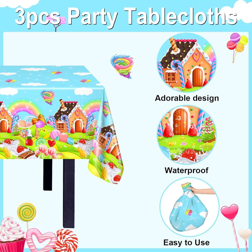 Avezano 3 Pcs Candyland Party Tablecloth Colorful Lollipop Table Covers Sweet Candy Land Birthday Party Baby Shower Supplies
