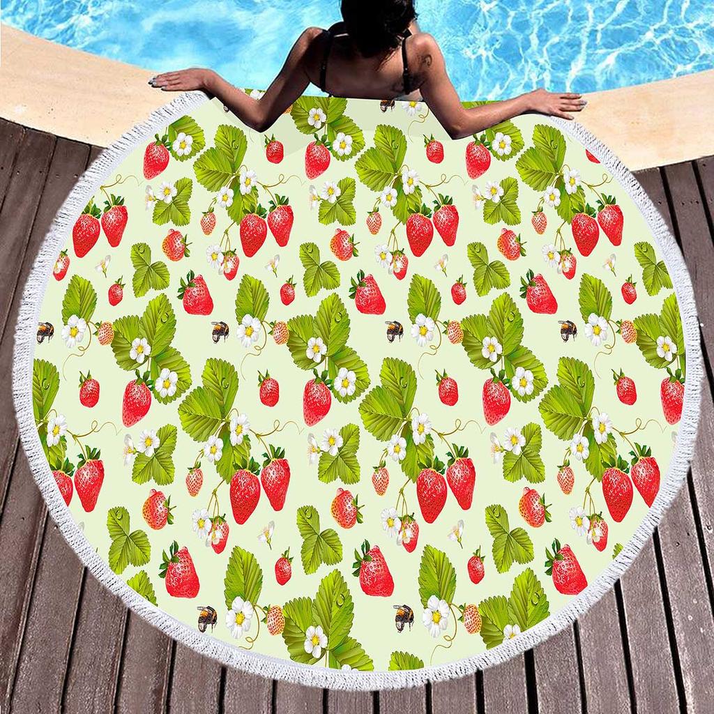 Sweet Cartoon Strawberry Round Beach Towel,Polyester Sand Resistant Beach Blanket,Soft Absorbent Quick Dry Pool Towel Picnic Mat