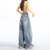 Spring Summer Bamboo Texture Embroidery High Waist Relaxed Wide Leg All Match Denim Pants Ladies Casual Pants Oversize Denim Trousers
