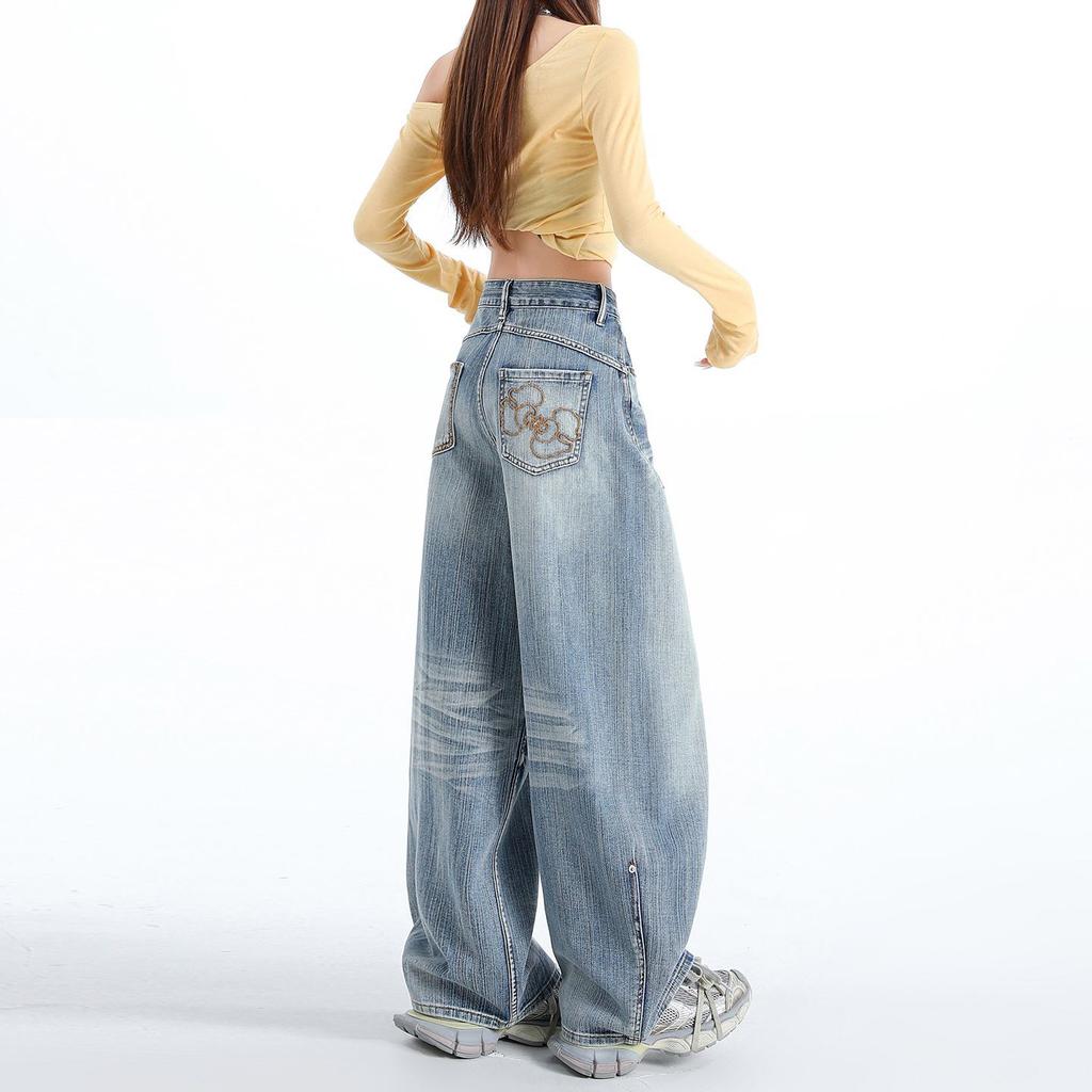 Spring Summer Bamboo Texture Embroidery High Waist Relaxed Wide Leg All Match Denim Pants Ladies Casual Pants Oversize Denim Trousers
