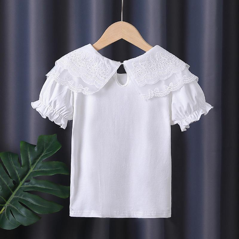 Premium Mädchen Weißes Spitzenkragen Baumwoll-T-Shirt - Sommer Kurzarm für Kinder