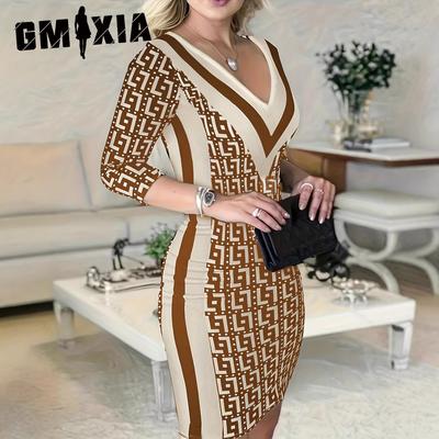 Rochii de damă la modă cu model geometric, petrecute peste șold, cu mâneci 3/4