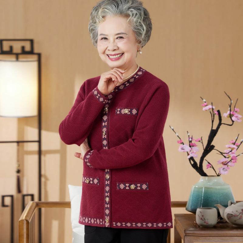 Spring and Autumn Mom Knitted Jacket Autumn and Winter Clothes Winter Clothes Elderly Top Elderly Women's Grandma Plush Sweater