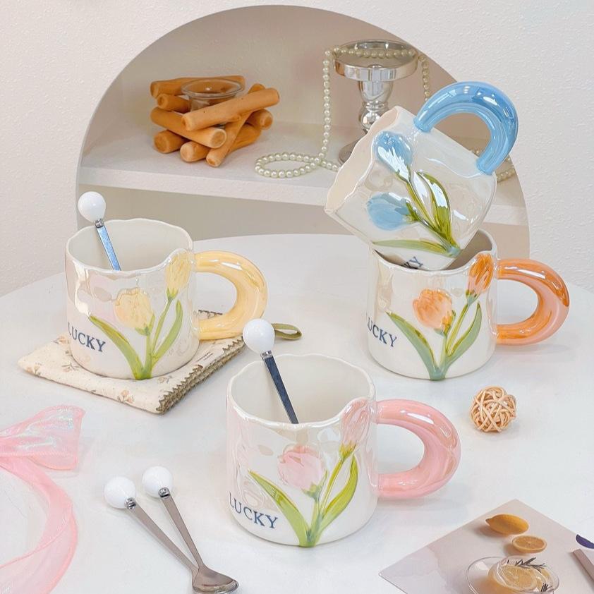 Cute Breakfast Mug Women's High Looking Home Tulip Ceramic Cup Creative Couple Coffee Water Cup