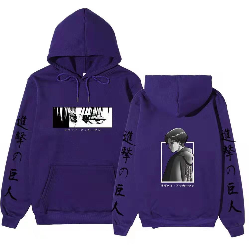 Attack On Titan Levi Ackerman Hoodie Unisex Fleece Sweatshirt Front Manga Eyes Print, Back Levi Portrait, Japanese Sleeve Text Autumn Winter Pullover
