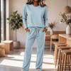 Women's Round Neck Long Sleeve Pajama Set with Drawstring Wide Leg Pants for Sleepwear Loungewear
