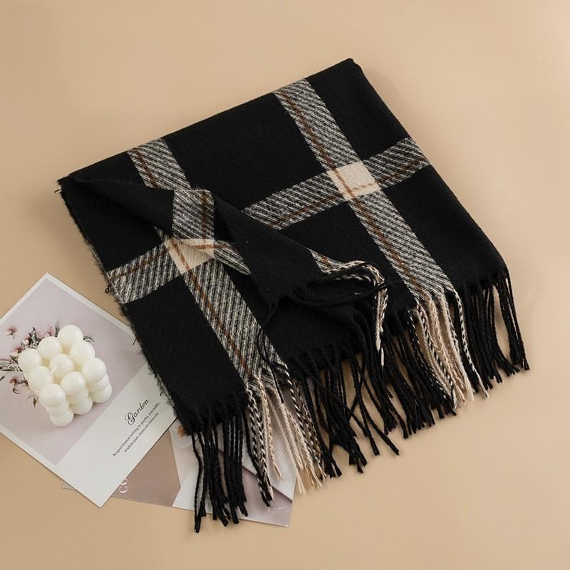 Womens Knitted Plaid Faux Cashmere Scarf With Fringe Warm Stylish Versatile Office Winter Everyday Wear