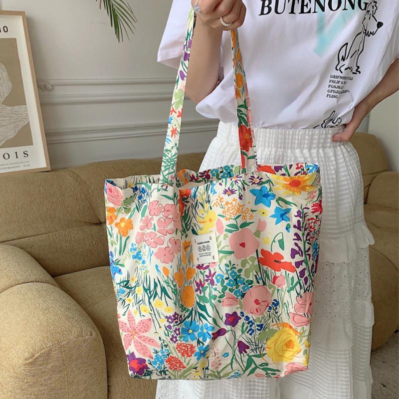 Retro Floral Women's Canvas Shoulder Bag High Capacity Girls Student Book Tote Handbag Cute Flower Female Reusable Shopping Bags
